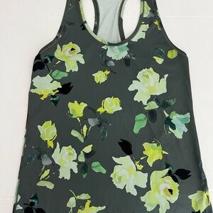 Athleta Dark Green Floral Racerback Tank with Yellow Accents